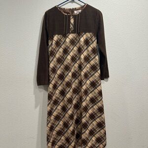 Johnson Brown Plaid Long Sleeve Midi Vintage Dress Size Medium